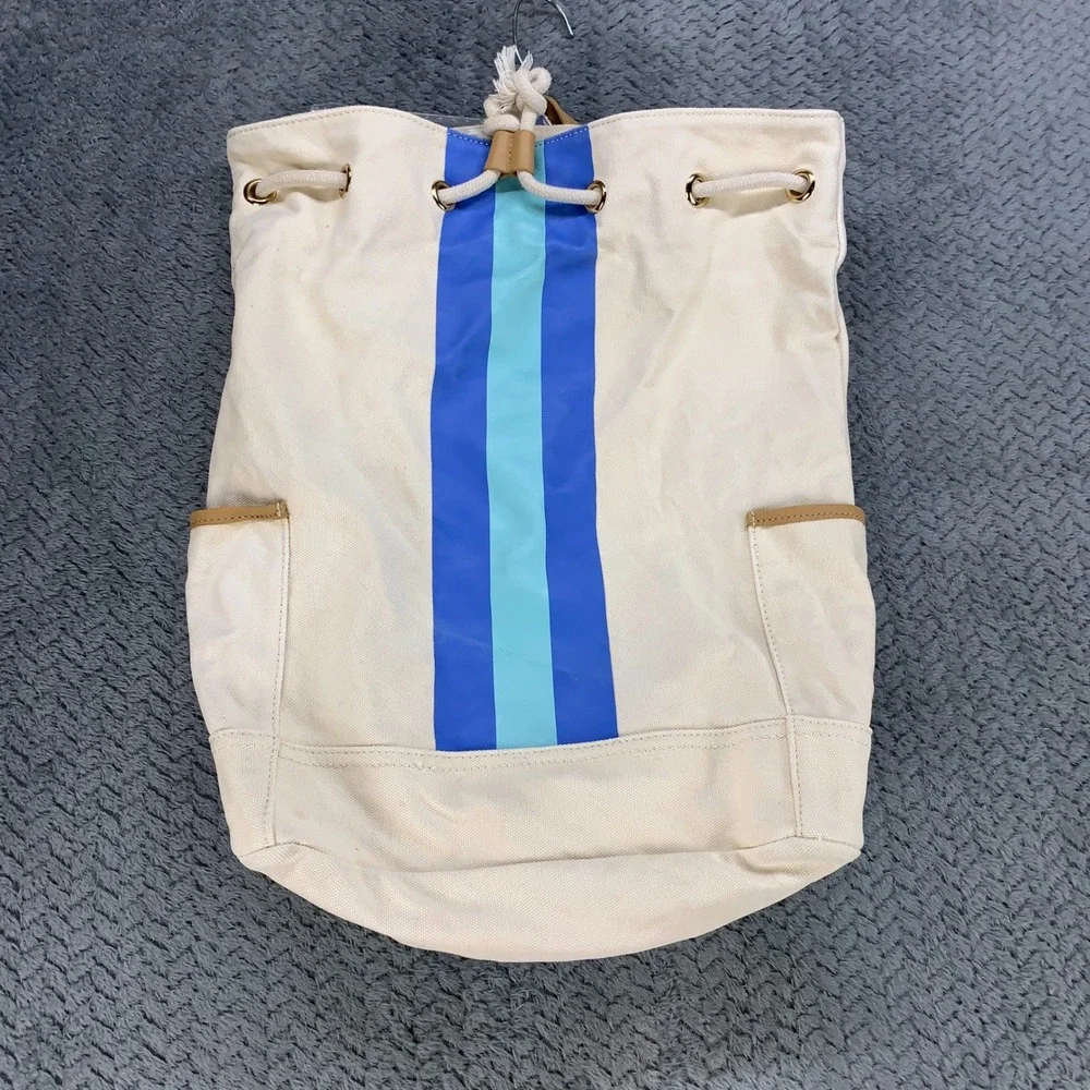Vineyard Vines Backpack Womens OS Cream Blue Stripe Canvas Drawstring Nautical